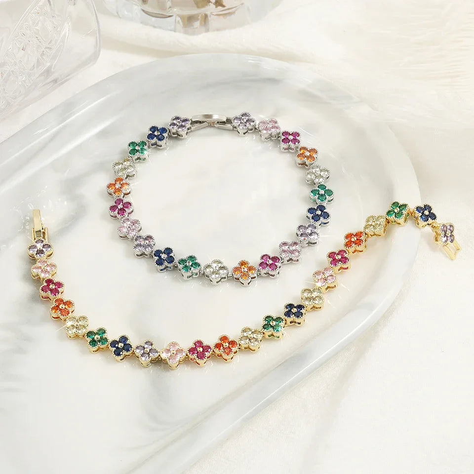 Colored Daisy Flower Curb Bracelet Silver
