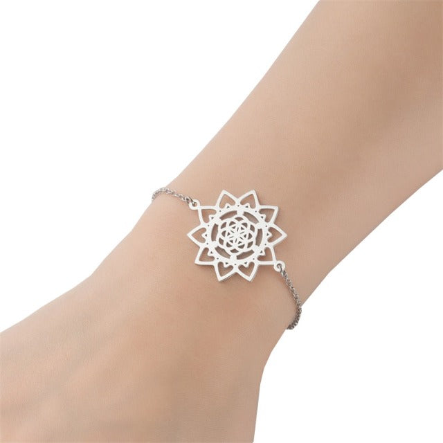 Mandala Flower of Life Dawapara Women's Silver Bangle Bracelet
