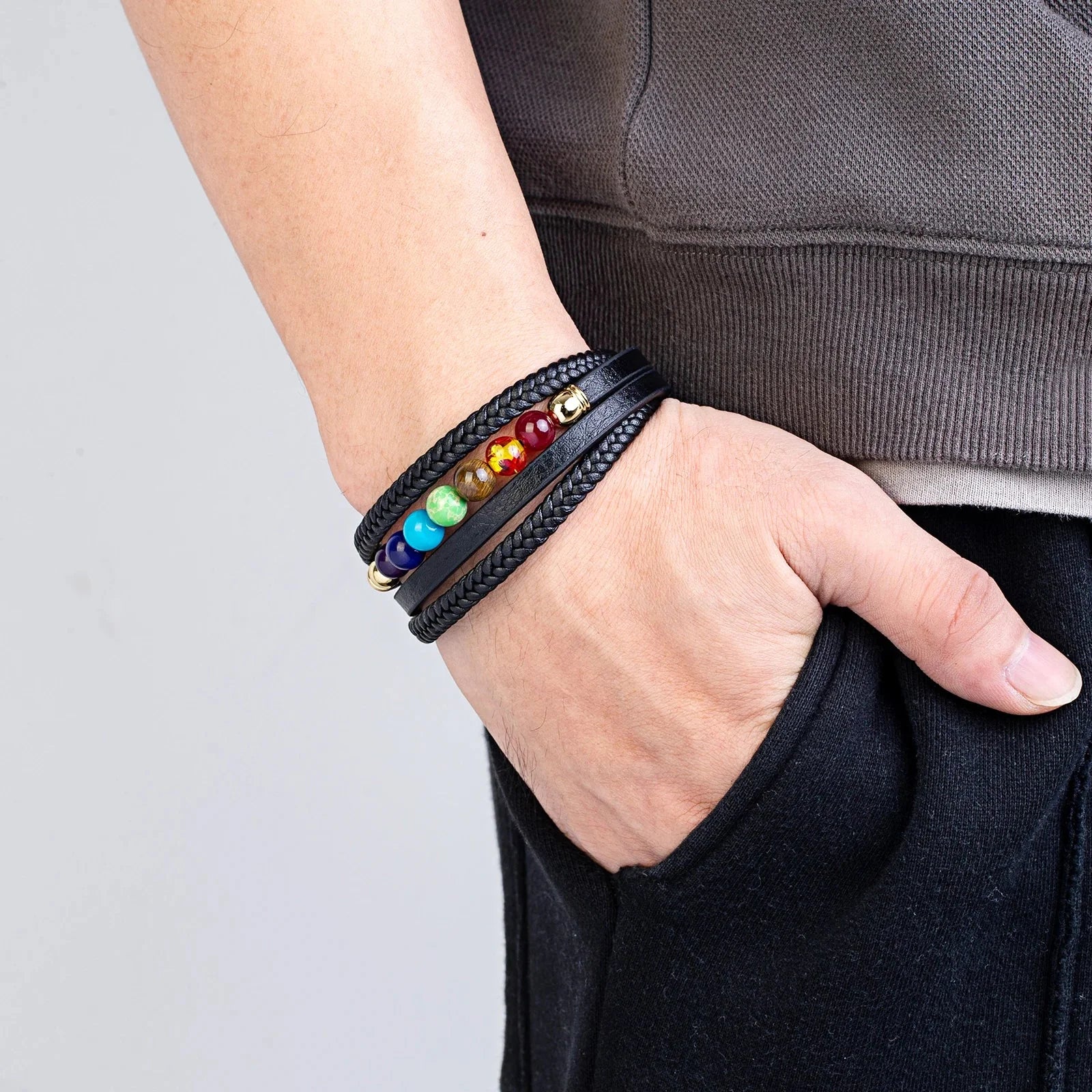 Men's Leather 7 Chakras Bracelet