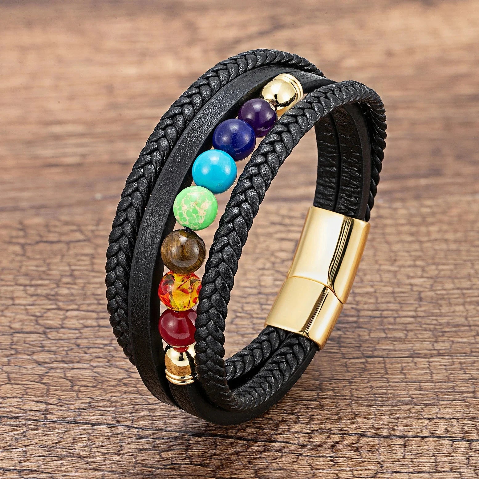Men's Gold Leather 7 Chakras Bracelet