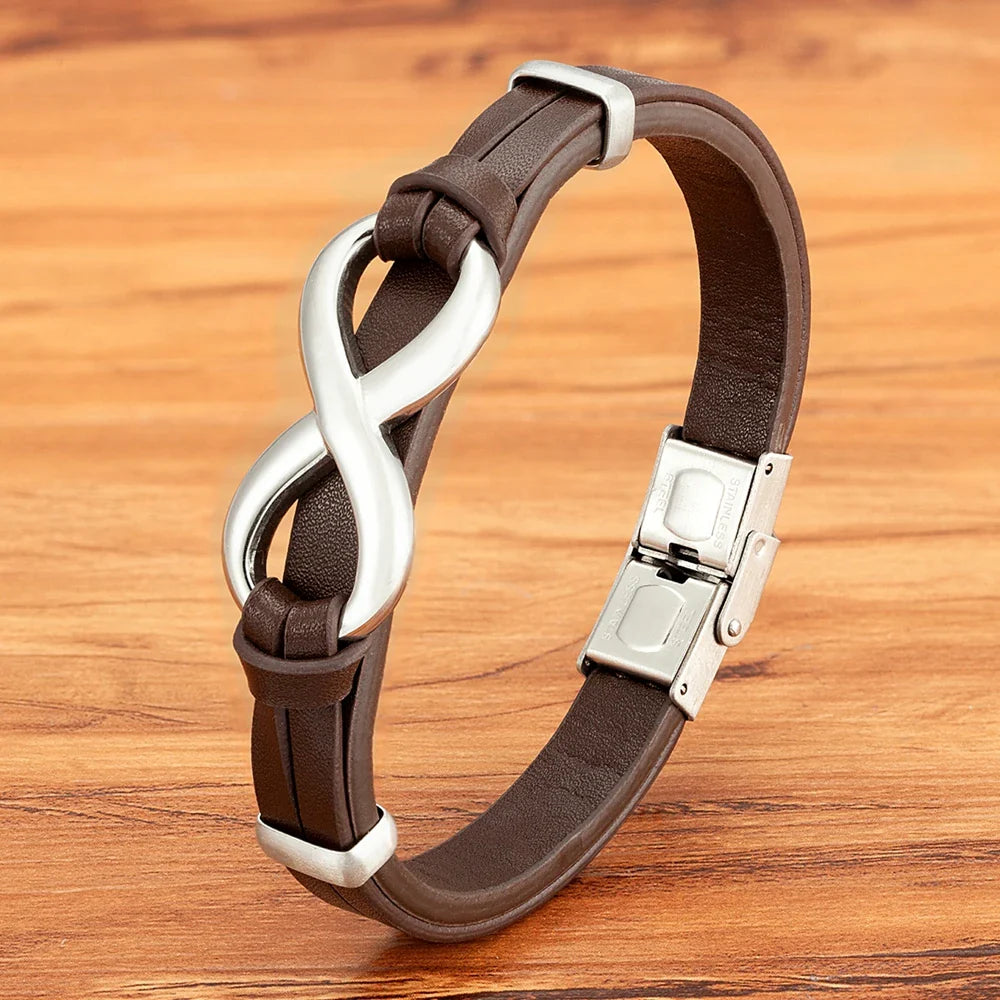 Infinity Bracelet Brown and Silver Leather