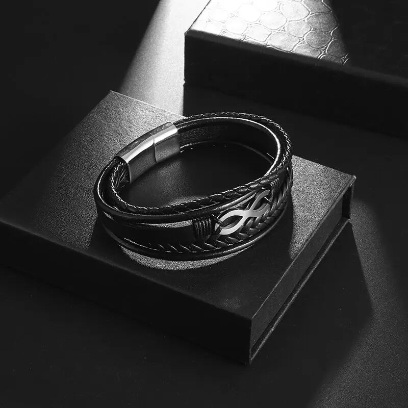 Infinity Bracelet Black Leather Black and Silver