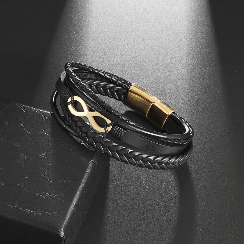 Infinity Bracelet Black Leather Black and Gold
