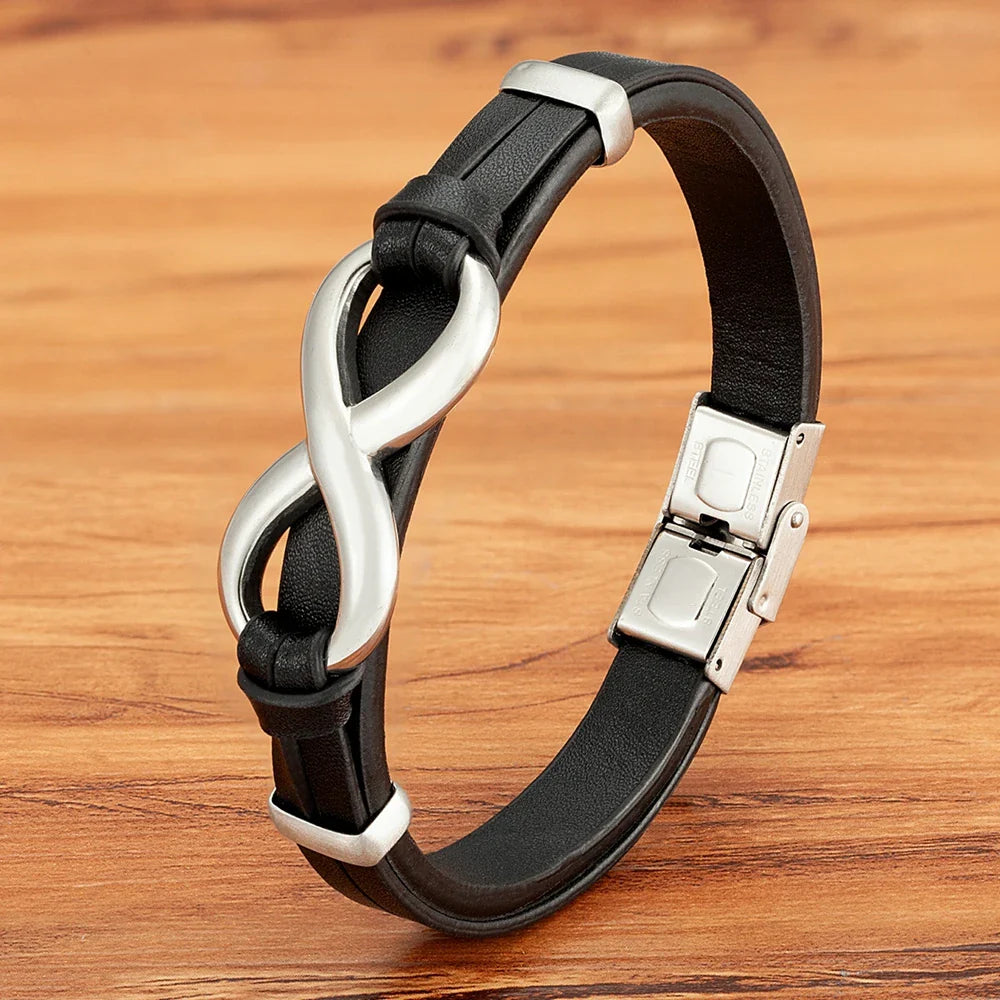 Infinity Bracelet Black and Silver Leather
