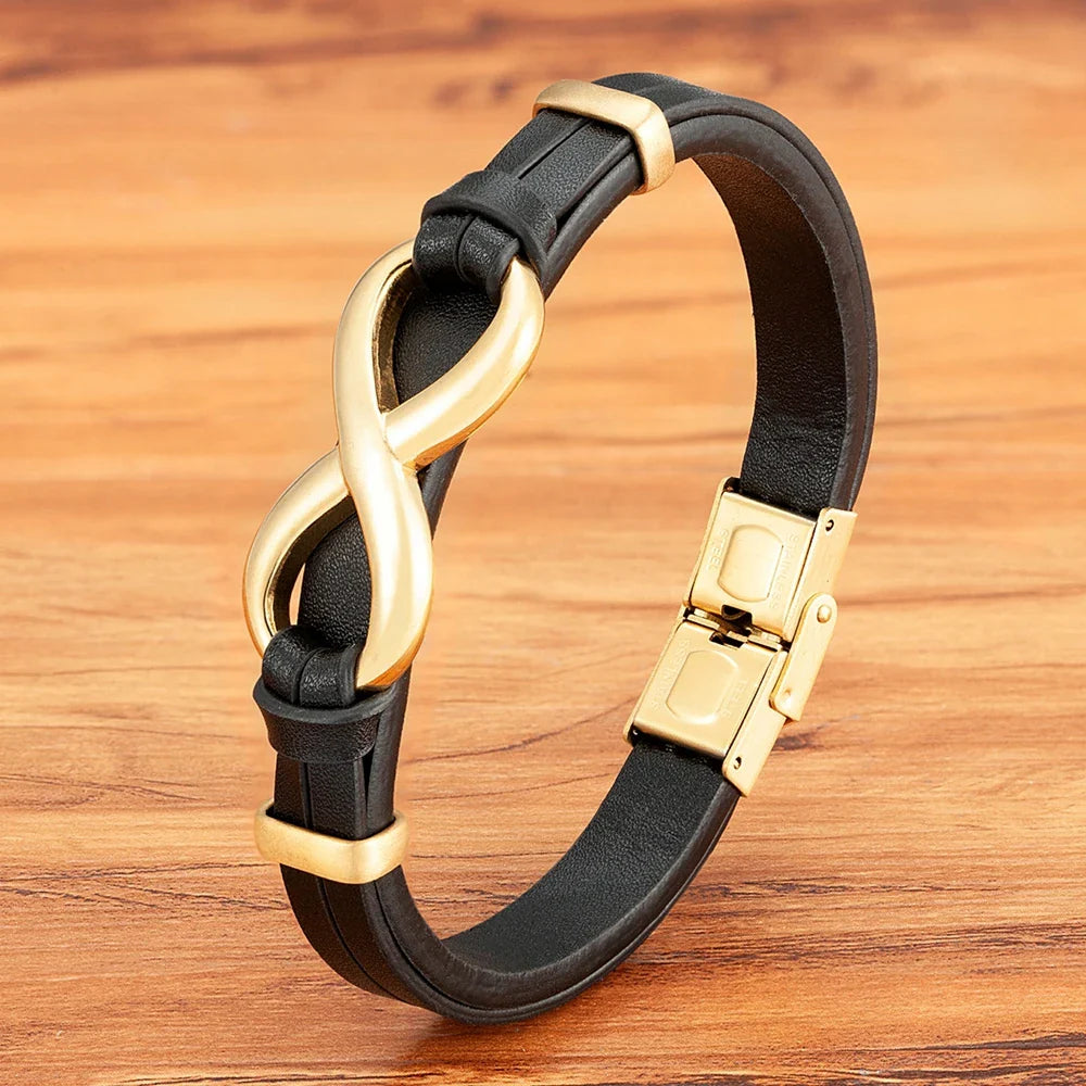Infinity Bracelet Black and Gold Leather