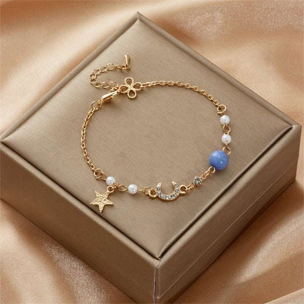 Moon and Star Women's Bracelet Chain Link Astres blue