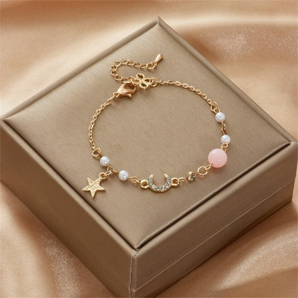Moon and Star Women's Bracelet Chain Link Astres pink