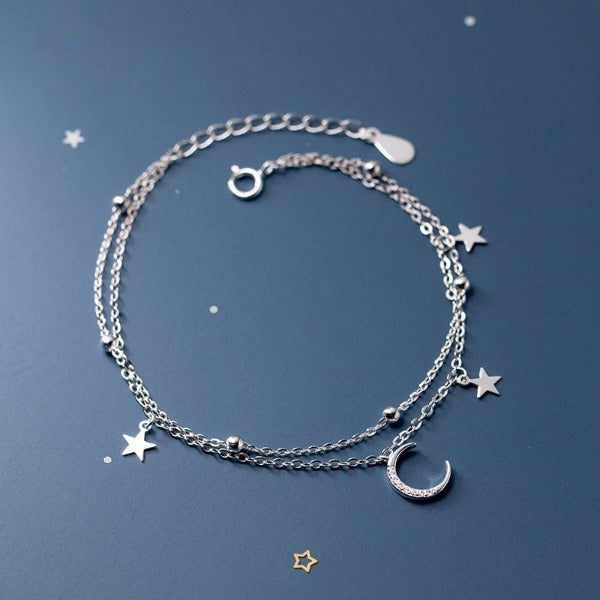 Moon and Star Women’s Silver Chain Bracelet