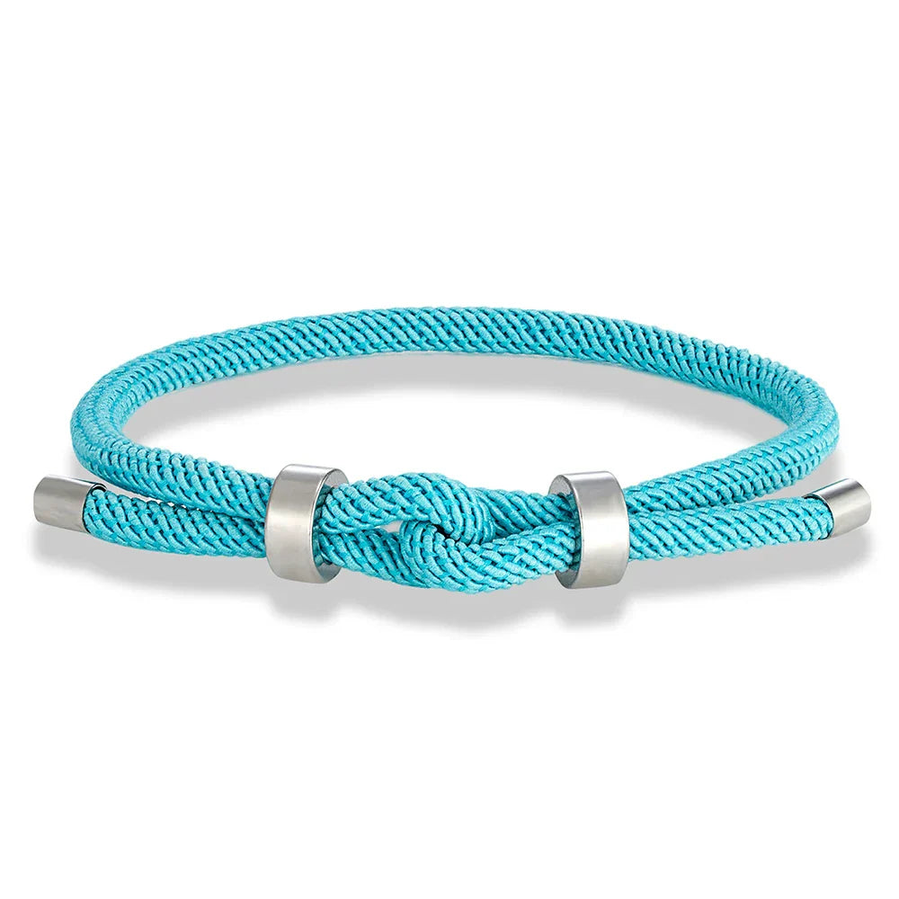 Modern braided rope bracelet with light blue knot