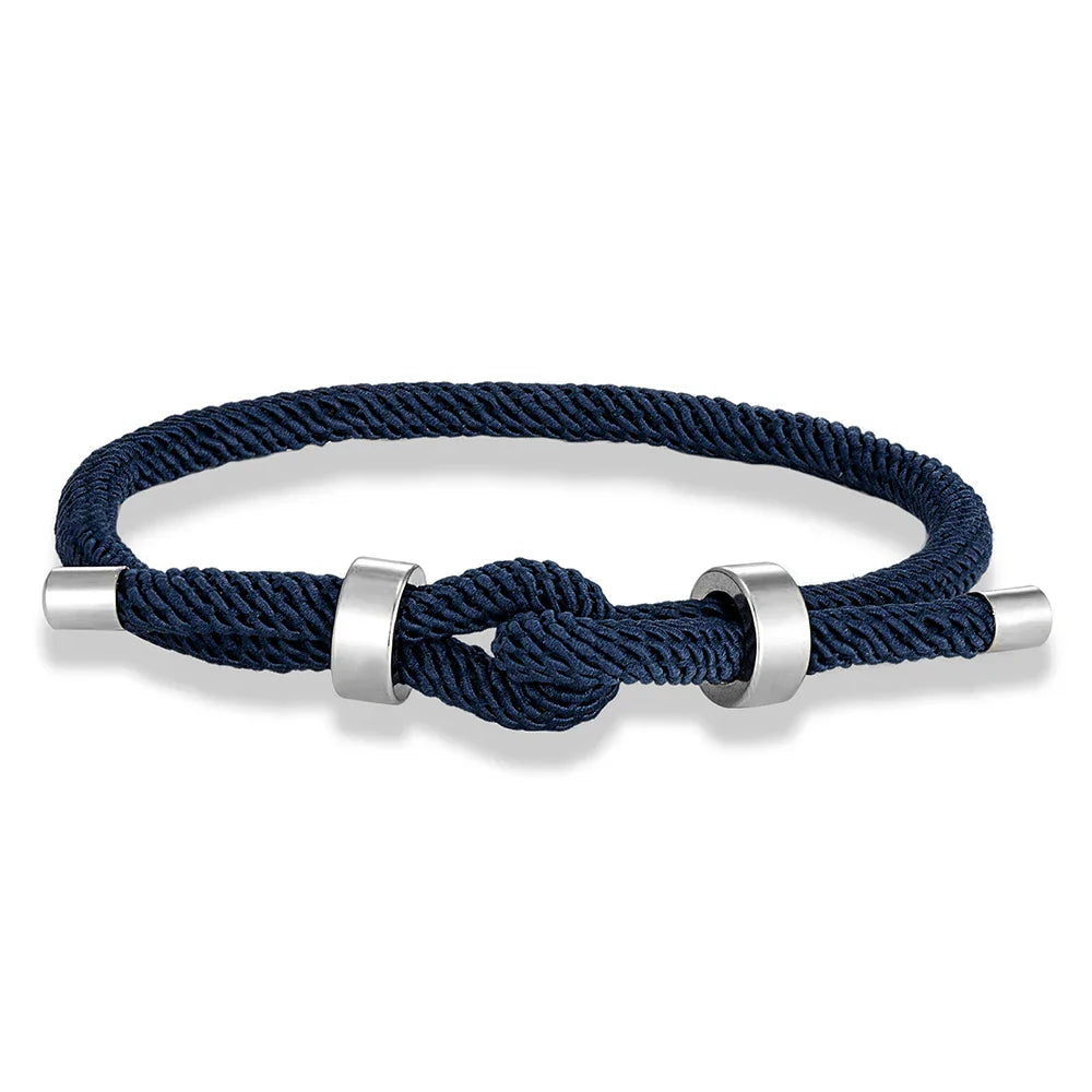 Modern braided rope bracelet with navy blue knot