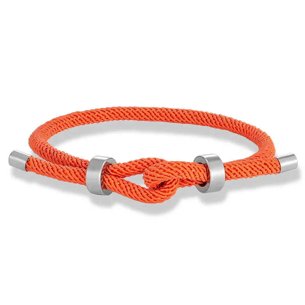 Modern braided rope bracelet with orange knot