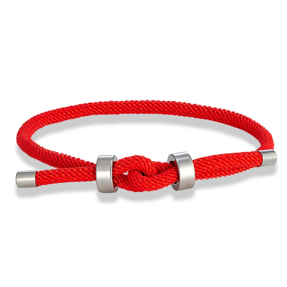 Modern braided rope bracelet with red knot