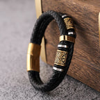 Black Leather Viking Mythology Bracelet Gold2