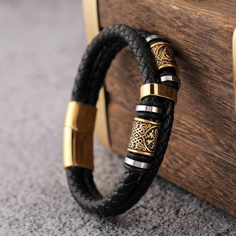 Black Leather Viking Mythology Bracelet Gold2