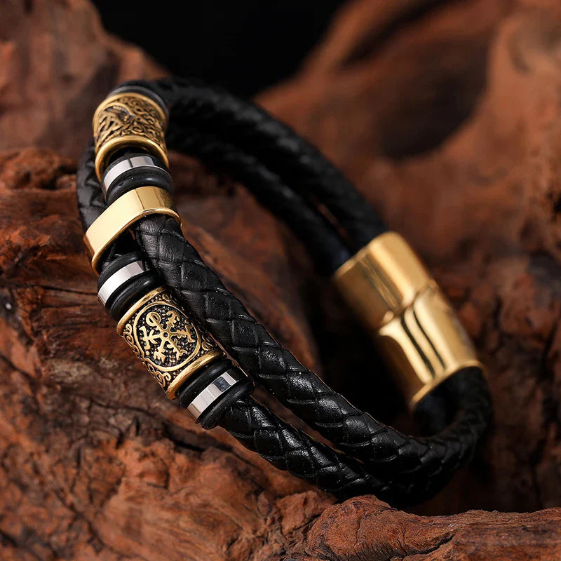 Black Leather Viking Mythology Bracelet Gold3