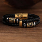 Black Leather Viking Mythology Bracelet Gold34