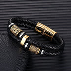 Black Leather Viking Mythology Bracelet Gold