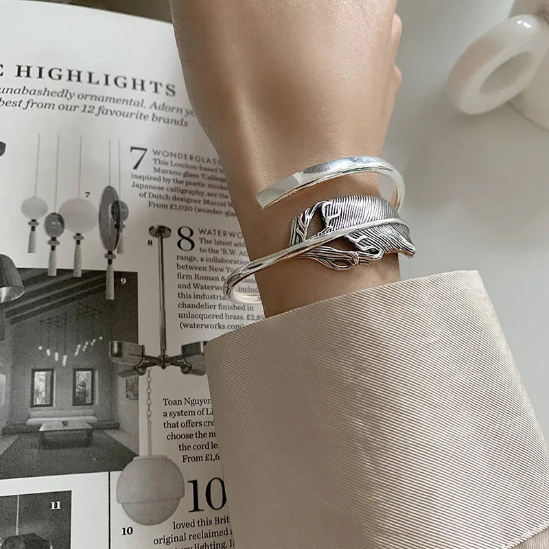 Silver feather bracelet for women