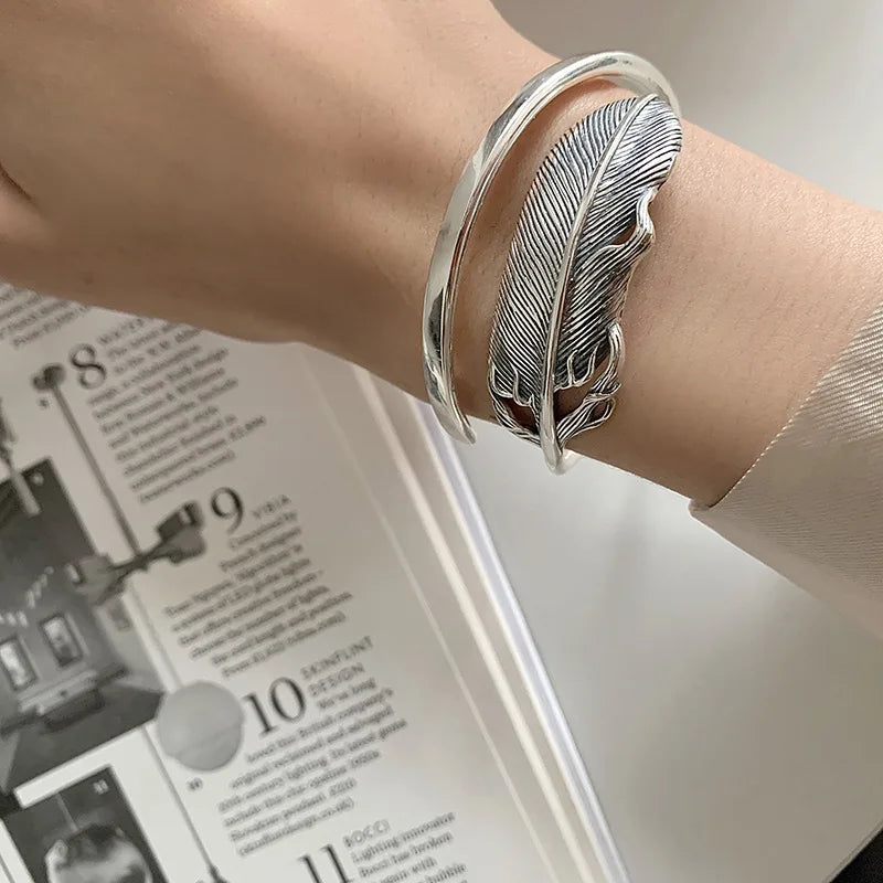 Silver feather bracelet for women