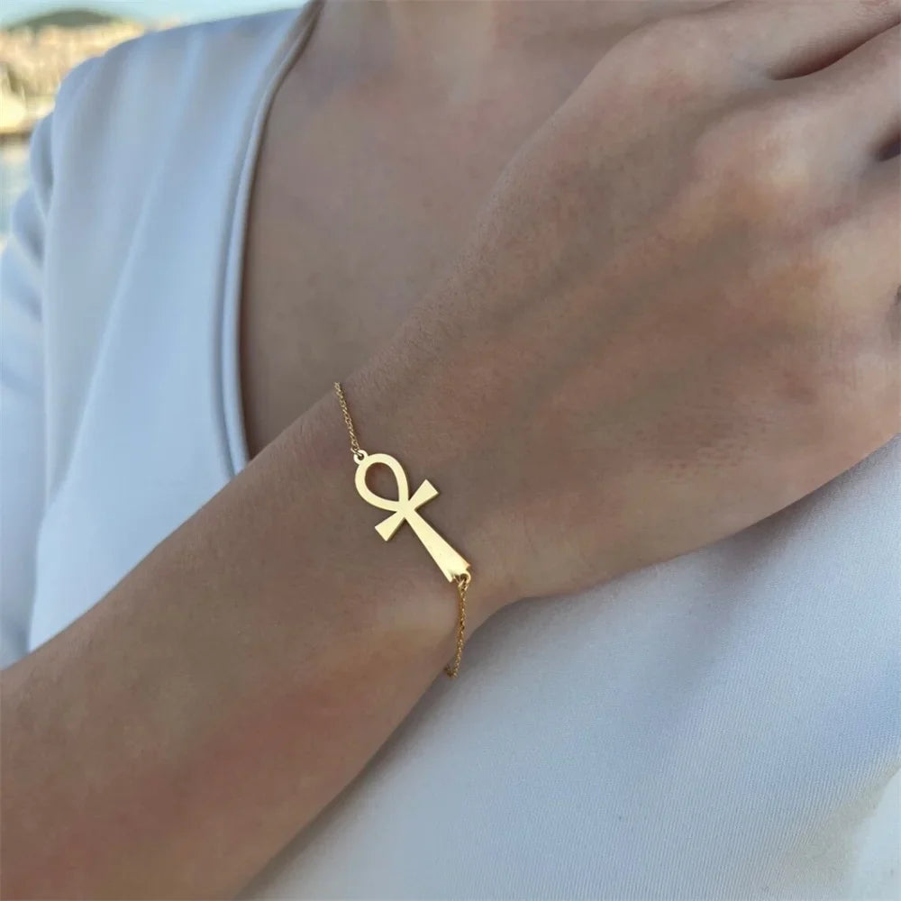 Egyptian-Style Bracelet with Ankh Cross in Gold