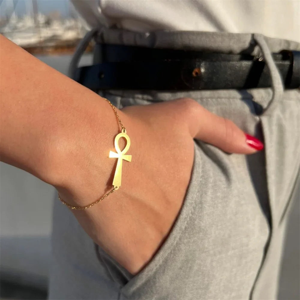 Egyptian-Style Bracelet with Ankh Cross in Gold