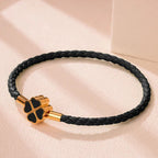 Braided Leather Bracelet with 4-Leaf Clover black