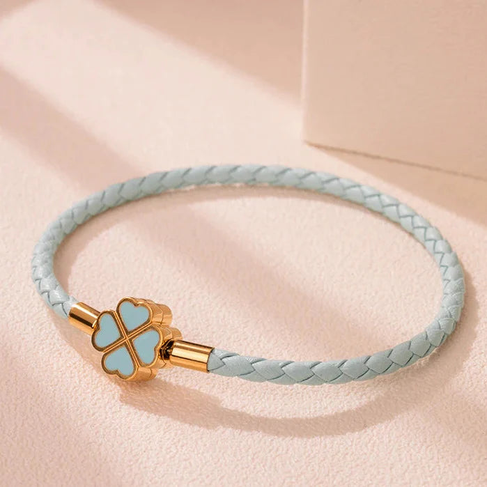 Braided Leather Bracelet with 4-Leaf Clover blue