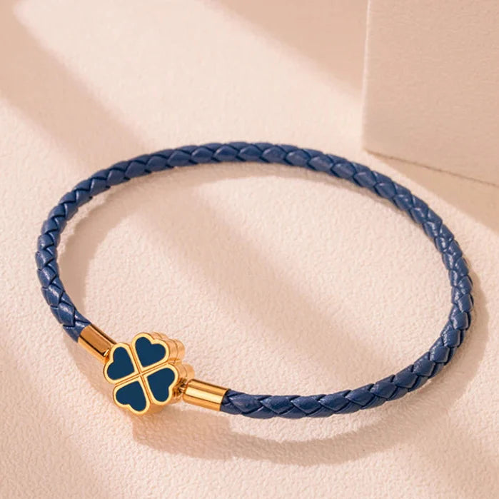 Braided Leather Bracelet with 4-Leaf Clover navy blue