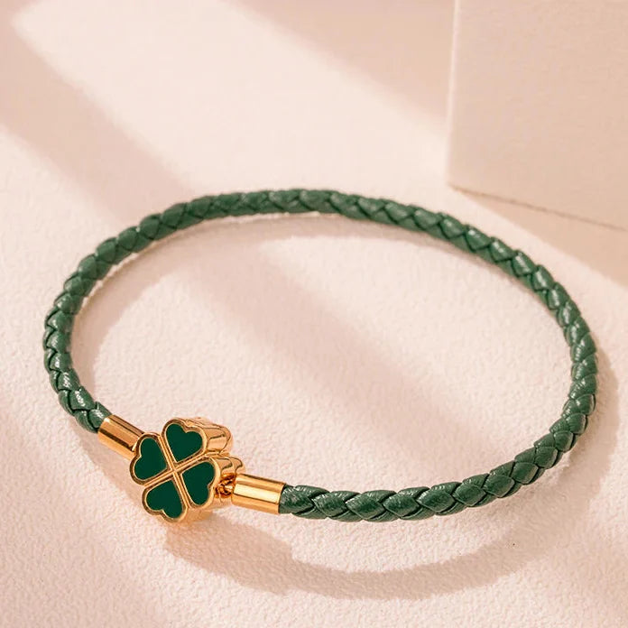 Braided Leather Bracelet with 4-Leaf Clover dark green