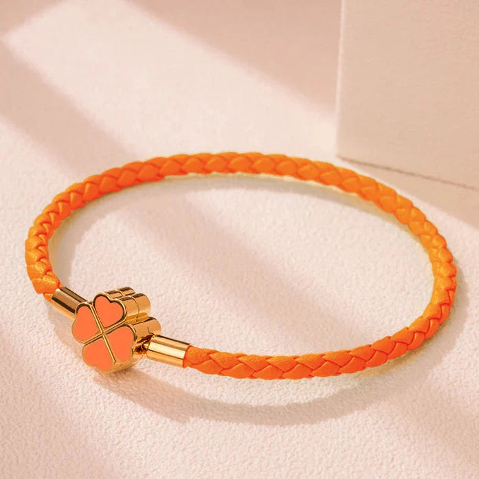 Braided Leather Bracelet with 4-Leaf Clover orange