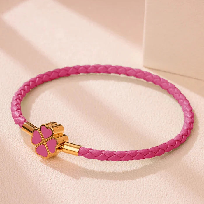 Braided Leather Bracelet with 4-Leaf Clover dark pink