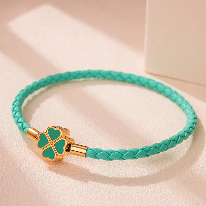 Braided Leather Bracelet with 4-Leaf Clover blue green