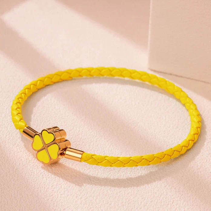 Braided Leather Bracelet with 4-Leaf Clover yellow