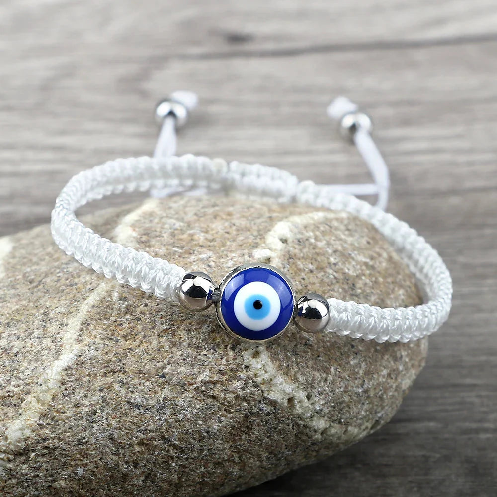 Blue White and Silver Evil Eye Braided Bracelet