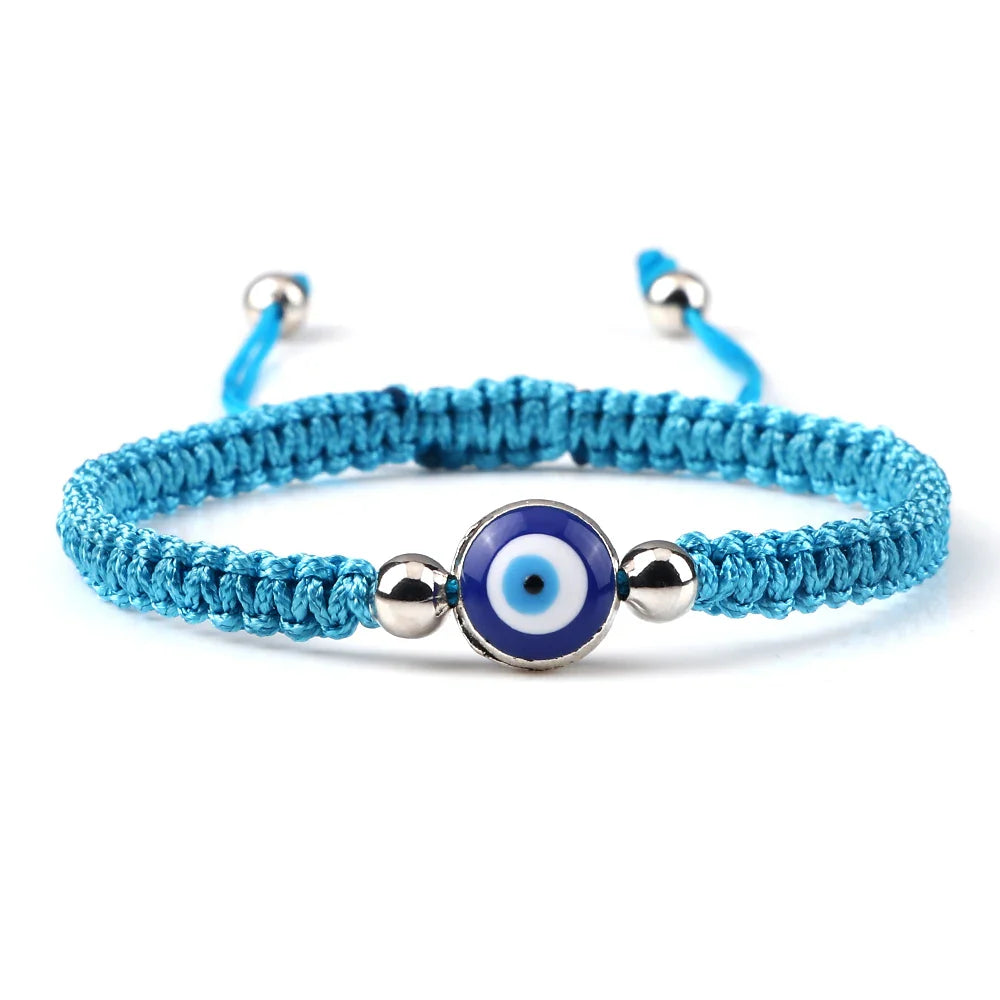 Blue Turquoise and Silver Evil Eye Braided Bracelet