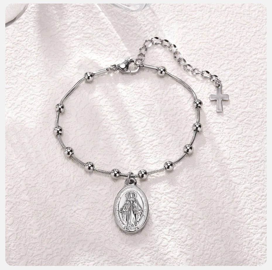 Virgin Mary Christian curb chain bracelet silver
