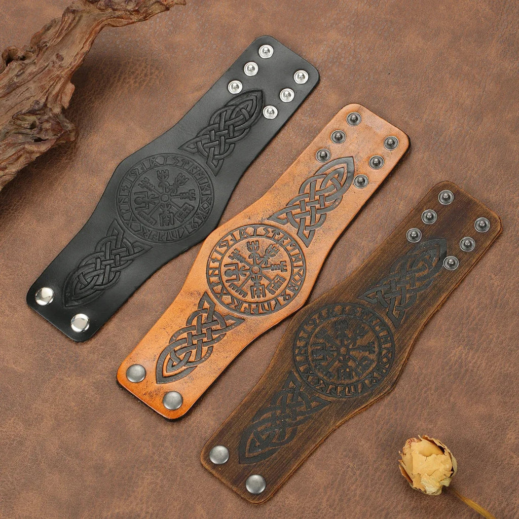 Black Leather Viking Vegvisir Bracelet