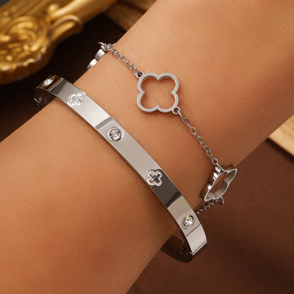 Set of 2 Bracelets with 4-Leaf Clovers silver