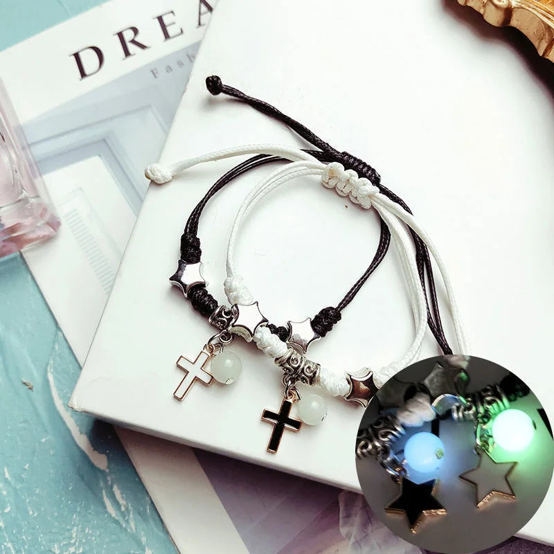 Couples Bracelets with Glowing Pearl Chain Cross