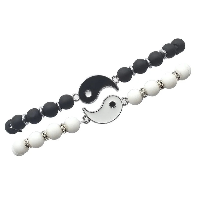 Couple Bracelets Splitable Yin Yang ID Bracelet in Black and White Natural Stones
