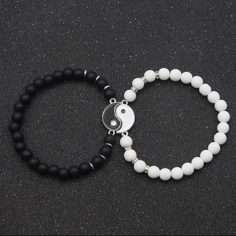 Couple Bracelets Splitable Yin Yang ID Bracelet in Black and White Natural Stones