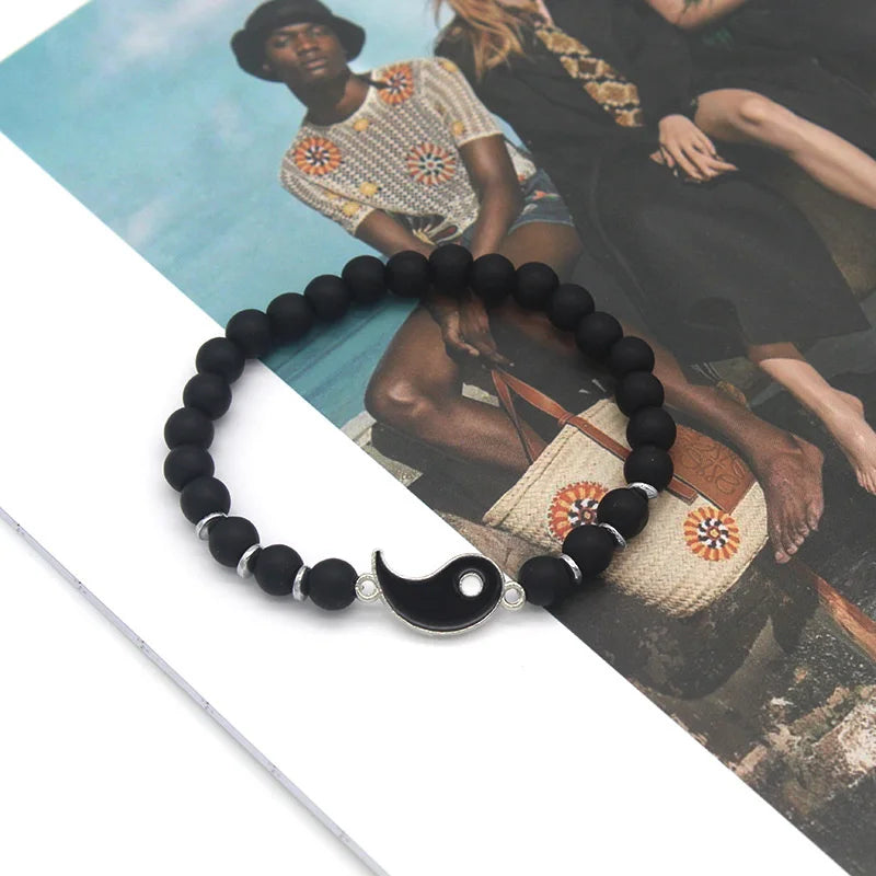 Couple Bracelets Splitable Yin Yang ID Bracelet in Black and White Natural Stones