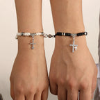 Black and White Couple Bracelets with Cross ID Chain