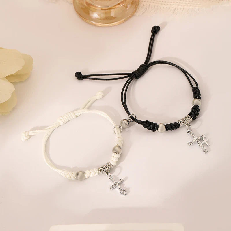 Black and White Couple Bracelets with Cross ID Chain