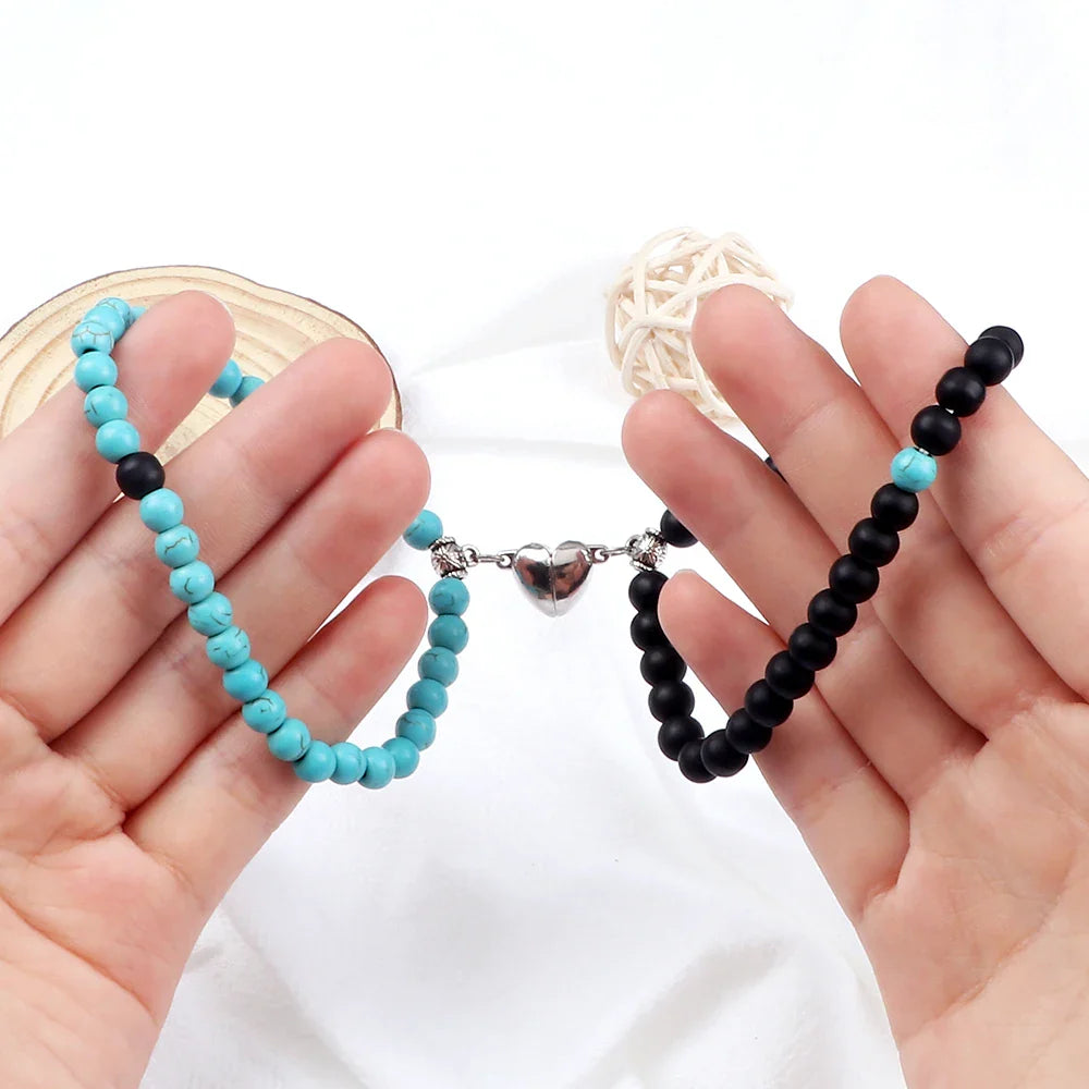 Couples Magnetic Chain Bracelets Sky Blue and Black Beads