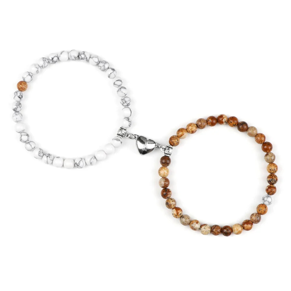 Couples Magnetic Chain Bracelets White and Brown Beads