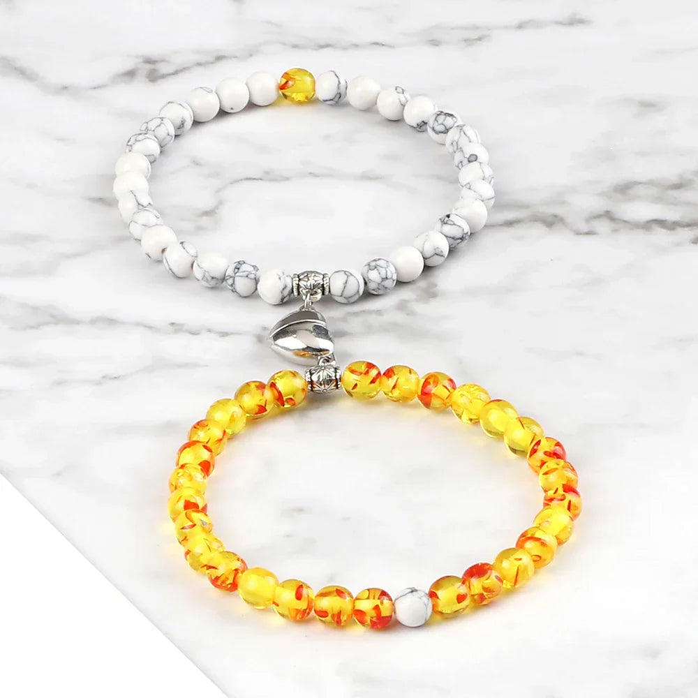 Couples Magnetic Chain Bracelets White and Sunstone Beads