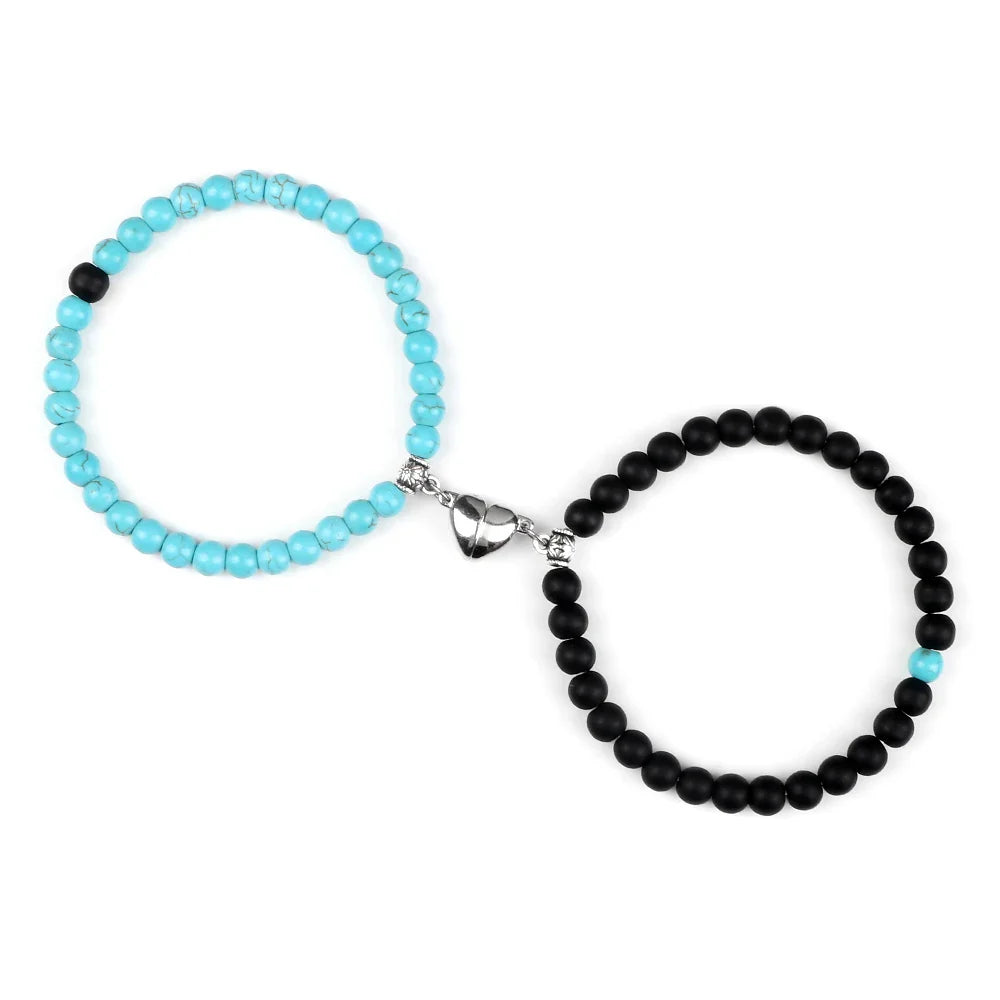 Couples Magnetic Chain Bracelets Sky Blue and Black Beads
