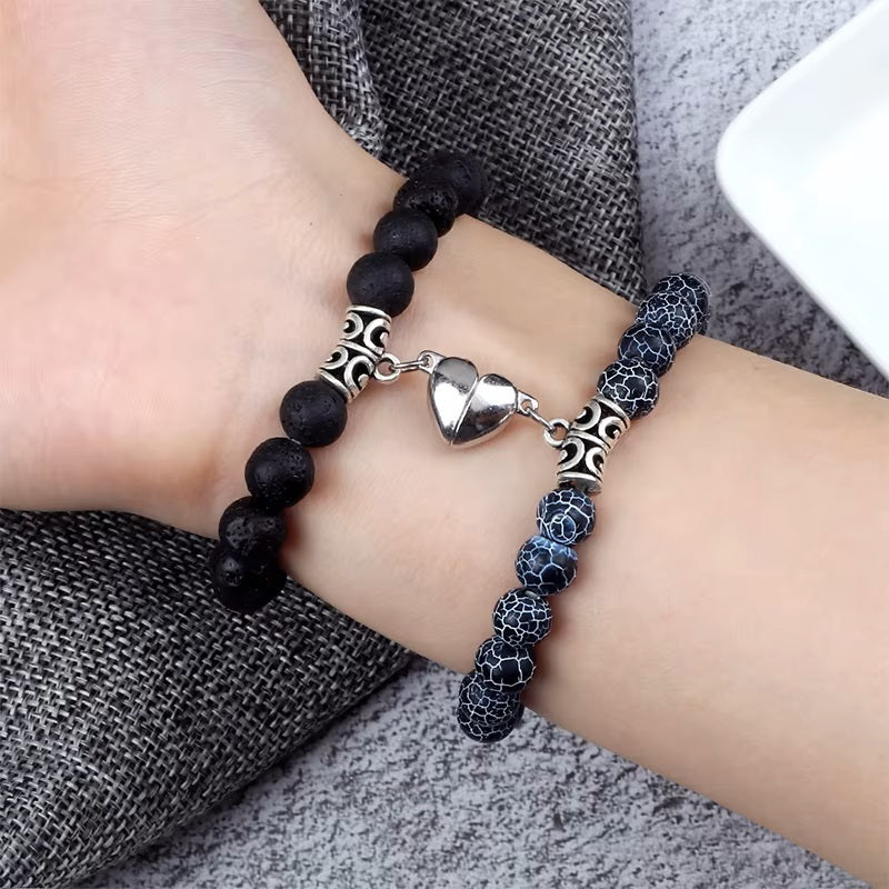 Couples Magnetic Chain Bracelets Black and Gray Beads