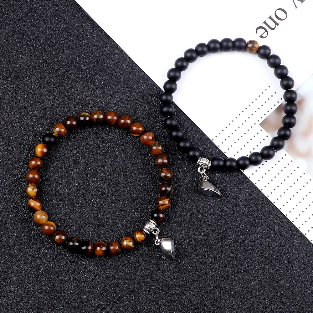 Couples Magnetic Chain Bracelets Tiger's Eye and Black Beads